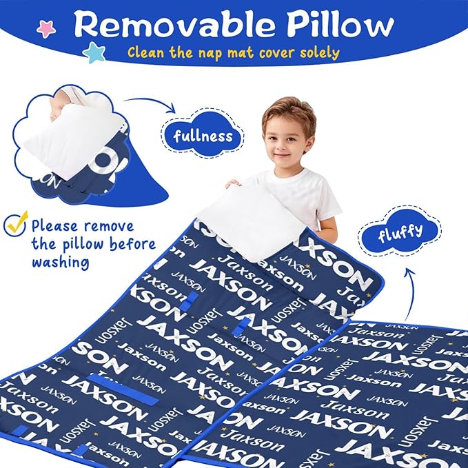 Personalized Name Toddler Nap Mat for Daycare Preschool Kindergarten Customized Kids Sleeping Bag with Pillow and Blanket for Girls Boys Custom Name Monogrammed Nap Mats for Toddlers