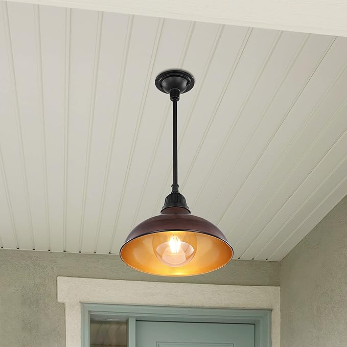 JONATHAN Y 12.25 Wood Finish/Copper Farmhouse Indoor/Outdoor LED Pendant Iron Hanging Light and Black 1-Light Metal Shade Rustic Ceiling Lamp for Kitchen Island LED Bulb Included (JYL7611G)