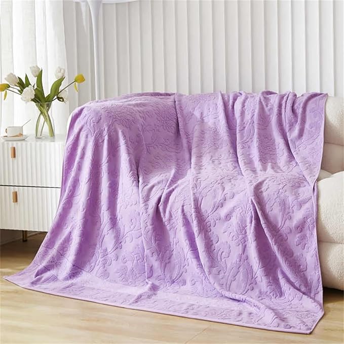 Carved Jacquard Blanket 80x90''100% Cotton Bed Blanket Lightweight Soft Cozy Fall Blanket for Bedroom Throw Blanket for Home Decor Christmas Thanksgiving Gift for Women Moms Girls Purple