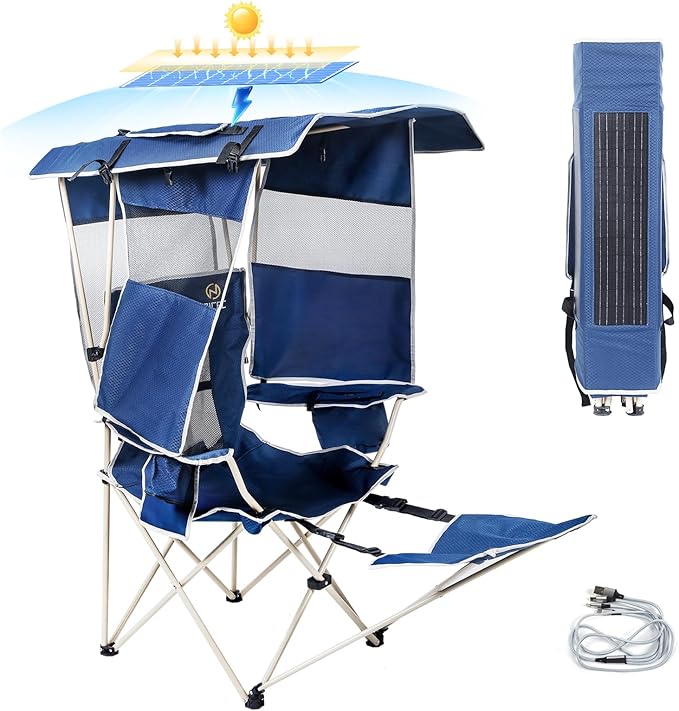 CDEN Canopy Chair Camping Chair with Canopy Chair with Shade Beach Chair USB Type-C DC outlets for Phone provided 30W Output with Solar Panel footrest (1 Pack)