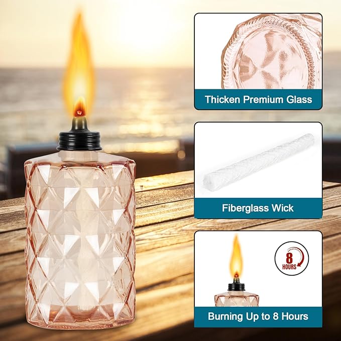 Glass Table Top Torch Outdoor Torch Canisters 12 ozRefill Canister with Wicks and Covers Patio Metal Torch for Luau Party DIY Garden Decor (4 Packs) (Orange)