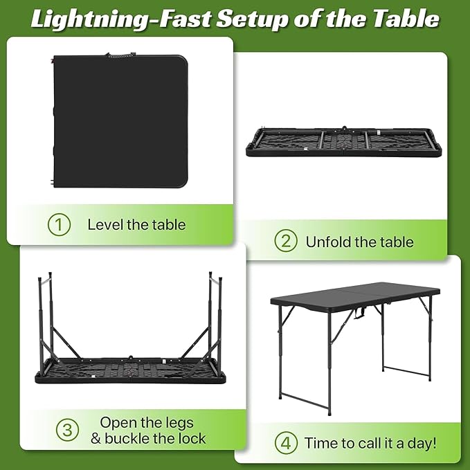 4Ft Foldable Table Adjustable Height with Built-in Handle 4 Foot Heavy Duty Portable Folding Table with Steel Legs for Indoor Outdoor Camping Parties Wedding Picnic Catering (4ft Black)