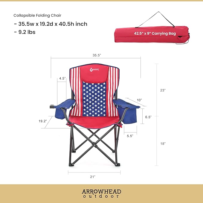 ARROWHEAD OUTDOOR Portable Deluxe Folding Camp Quad Chair w/Headrest Glass &amp Cup Holders Armest 6-can Cooler Heavy Duty Carry Bag 550 lbs Weight Capacity