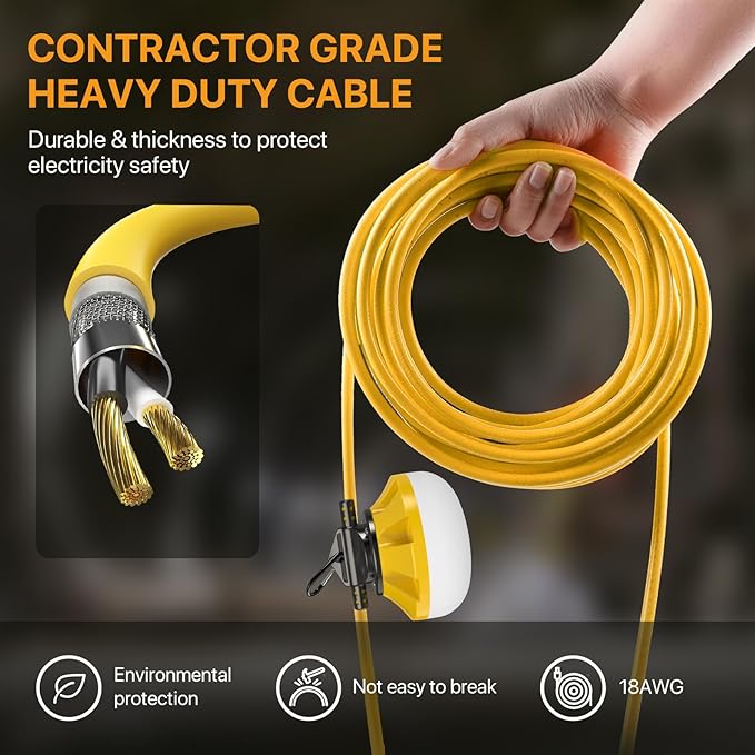 LED Construction String Lights: 50FT IP65 Waterproof ETL Certified Crawl Space Lights - 5000lm 18AWG Wire Linkable Temporary Construction Lighting for attic Lights with 5 Bulbs &amp Hooks