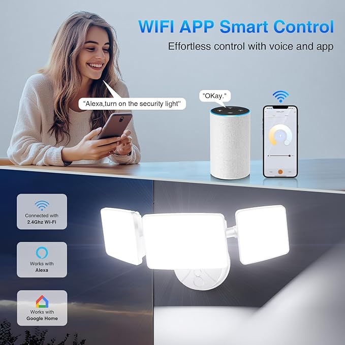 Onforu 100W Smart LED Security Flood Lights Outdoor 9000LM Brightness Adjustable WiFi Alexa Flood Light APP Control Tunable 2700K-6500K Exterior Floodlight with 3 Adjustable Heads for Yard Garage