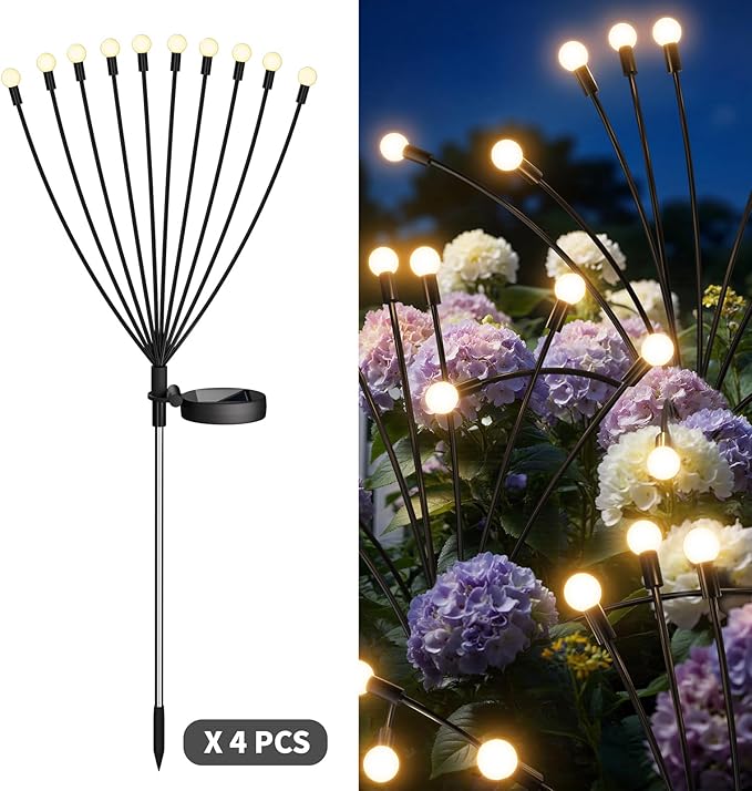 Outdoor Solar Lights Waterproof (4 Pack 40 LED) Fairy Garden Decor Fairy Tale Courtyard Decor Firefly Lights Solar Garden Lights Solar Landscape Lights Gifts for Women Who Have Everything