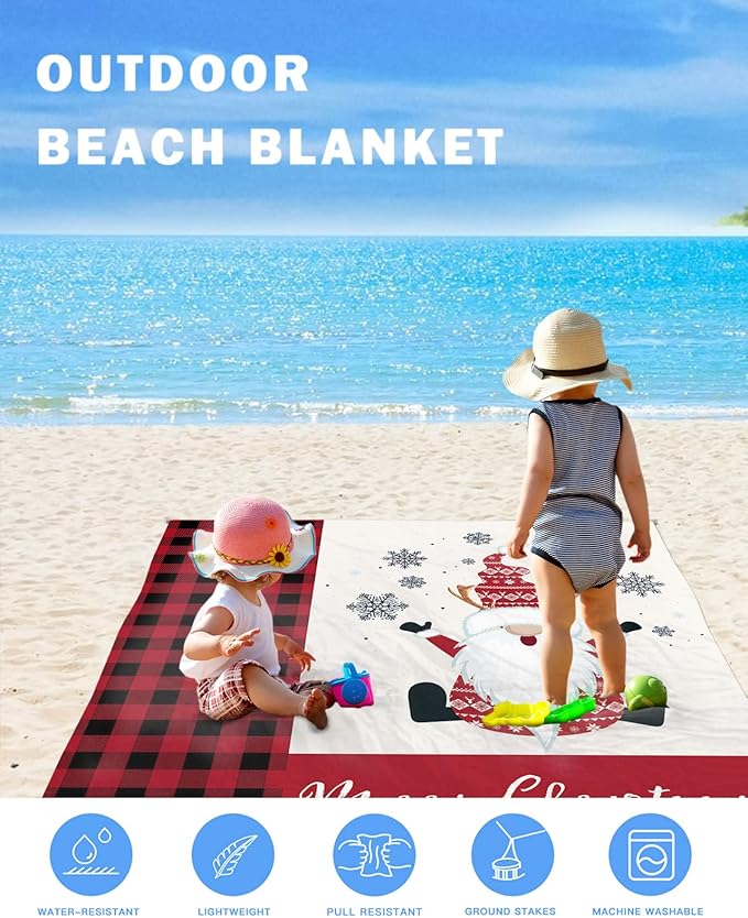 Beach Blanket Waterproof Sandproof OversizedCartoon Christmas Gnome Snowflakes Beach Mat with Corner Stakes Sand PocketsRed and Black Plaid Outdoor Picnic Mat for Travel Camping Hiking 95x80In