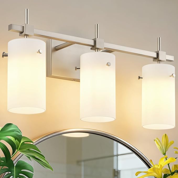SOLFART Brushed Nickel Bathroom Light Fixtures 3-Light Modern Vanity Light Over Mirror Wall Sconces with Milky White Frosted Glass Shades E26 Socket (Bulbs Not Included)