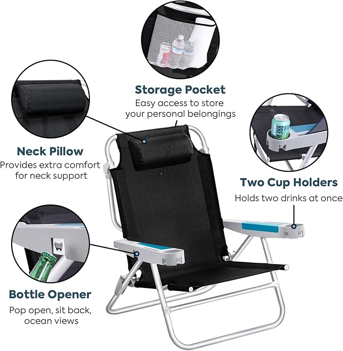 ICECO Backpacking Beach Chairs for Adults 5 Positions Reclining Chair Heavy Duty Folding Chairs Portable Lay Flat Outdoor Chair with Cup Holder for Beach Camping Lawn 350lb Capacity
