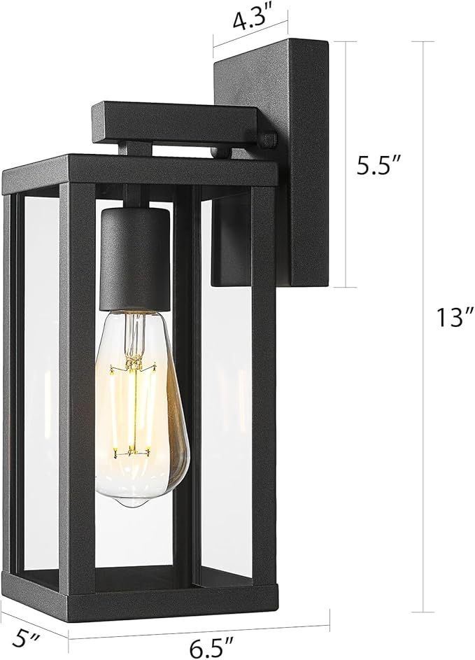 Outdoor Wall Sconce Light 13 Black Outdoor Wall Lantern with Clear Glass Weather Resistant Porch Light for House E26 Base Exterior Lighting Fixture for Garage Entryway Patio (Black 2 Pack)