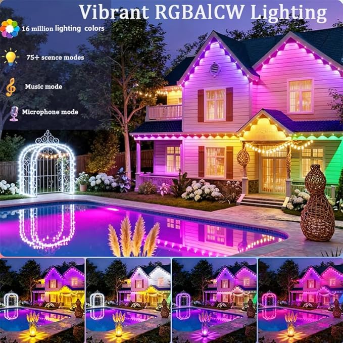 Permanent Outdoor Lights 54ft Smart Outdoor Christmas Lights 24V with RGBCW 36 LED IP67 Waterproof Eaves Lighting with 213 Modes for HolidayParty Daily APP/Remote Control