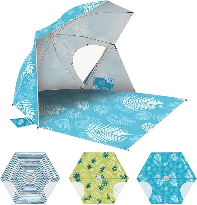 OutdoorMaster Pop Up Beach Umbrella Portable Beach Tent Shelter Beach Shade Sun Canopy with UPF 50+ UV Protection Extendable Floor with Carrying Bag