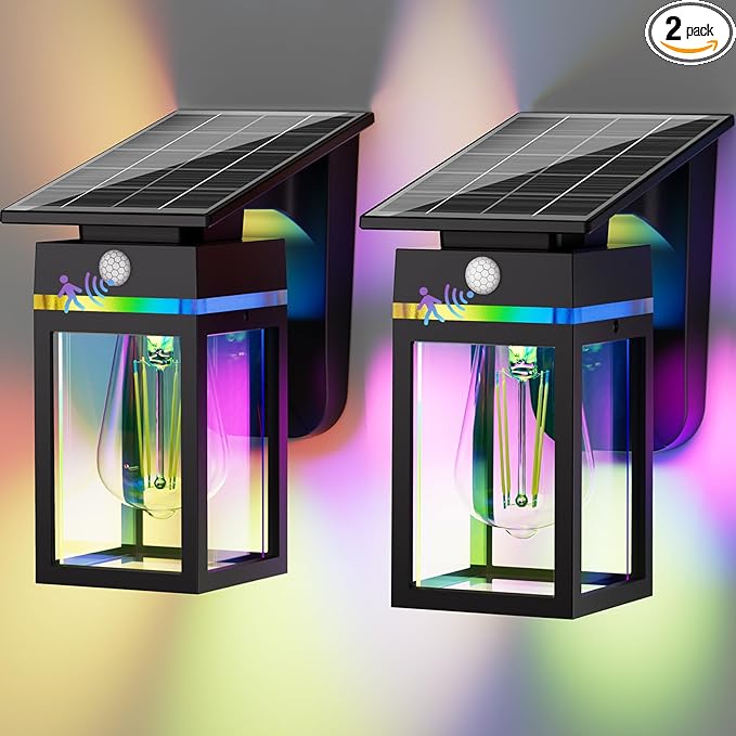 2 Pack RGB Solar Wall Lights Outdoor Dusk to Dawn &amp Motion Sensor Porch Light with Lantern Shape 10 Modes (RGB Cycle/Fixed) IP65 Waterproof E26 Bulb Exterior Sconce for Front Porch Garage Pat