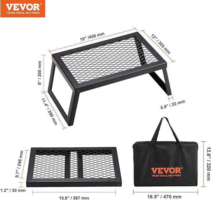 VEVOR Folding Campfire Grill 18 Portable Camping Grates Over Fire Pit Heavy Duty Steel Mesh Grate Camp Fire Cooking Equipment with Legs Carrying Bag Grilling Rack for Outdoor Open Flame Cooking
