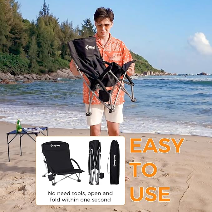 KingCamp Low Beach Chair High Back Folding Camping Chair for Adults Oversized Breathable Mesh Seat 300lbs Heavy Duty Portable Chair with Cup Holder &amp Storage Pockets for Beach Outdoor