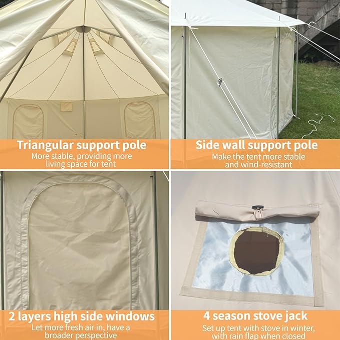 DANCHEL OUTDOOR B6 Luxury Glamping Wall Tent w/Stove Jack No Center Pole Higher Side Wall 900D Flame Retardant Oxford for 4 Season 4-6 Person Family Yurt Cabin Glamping Camping13ft/16.4ft