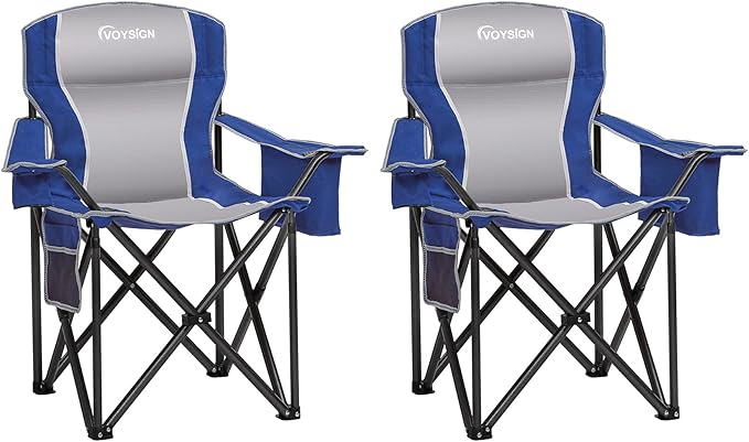 Padded Camping Chairs for Adults 2 Pack Oversized Folding Outdoor Chairs Weight Capacity 475lbs with Cooler Bag Cup Holder Storage Pocket Carry Bag - Blue