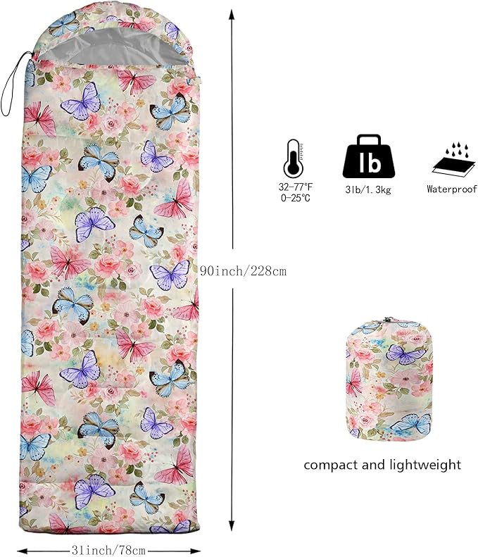 Kids Sleeping Bag for Boys GirlsButterfly Flowers Print-Lightweight Warm Portable Outdoor Indoor-Waterproof Cold Weather Resistant Sleeping Bag for Camping Hiking(Flowers)