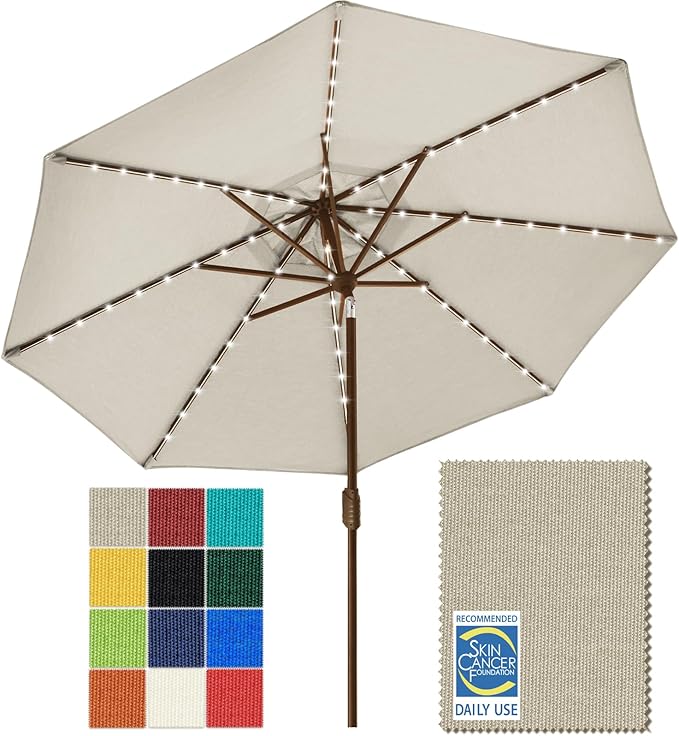EliteShade USA 10-Year-Non-Fading Solar 9ft Market Umbrella with 80 LED Lights Patio Umbrellas Outdoor Table Umbrella with Ventilation Antique Beige