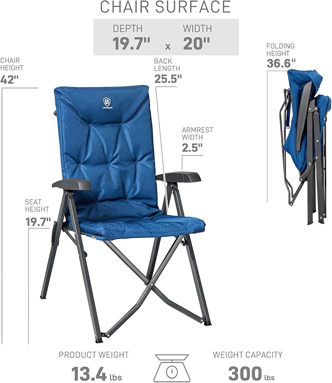 EVER ADVANCED Folding Padded Camping Chair 4 Positon Adjustable Recliner with High Back Support Portable for Adults 300lbs Weight Capacity Blue