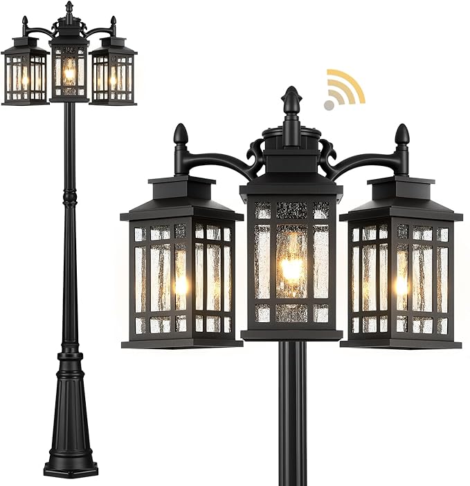 Dusk to Dawn Outdoor Lamp Post Light Black Outdoor Street Lights 3-Head Hardwired Lamp Post Light Fixture for Outside Outside Pole Light Fixtures with Bubble Glass for Yard Garden Backyard