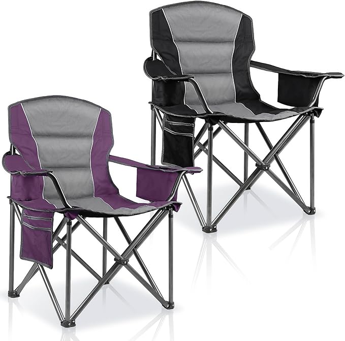 2 Pack Padded Oversized Camping Chairs for AdultsHeavy Duty Support 400 LbsFolding Portable Lawn Chair w/Cup HolderCooler BagSide PocketPerfect for Outdoor PicnicHiking(Purple&ampBlack)