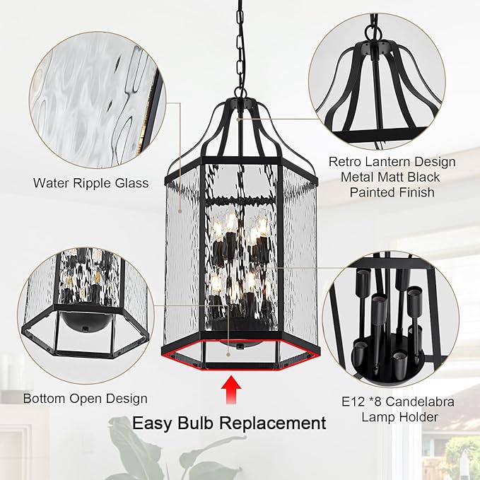 14 Modern 8-Light Exterior Black Lantern Pendant Light Fixture with Clear Rippled Glass Mini Industrial Hanging Cage Chandelier for Outdoor Kitchen Dining Room Hallway Entryway Foyer Porch