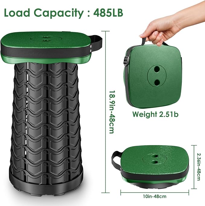 Folding Camping Stool Square Collapsible Portable Stool with Elastic Seat Cushion&amp Adjustable Nylon Bag Sturdy Lightweight Telescoping FoldableMax Load 485lb (Green)