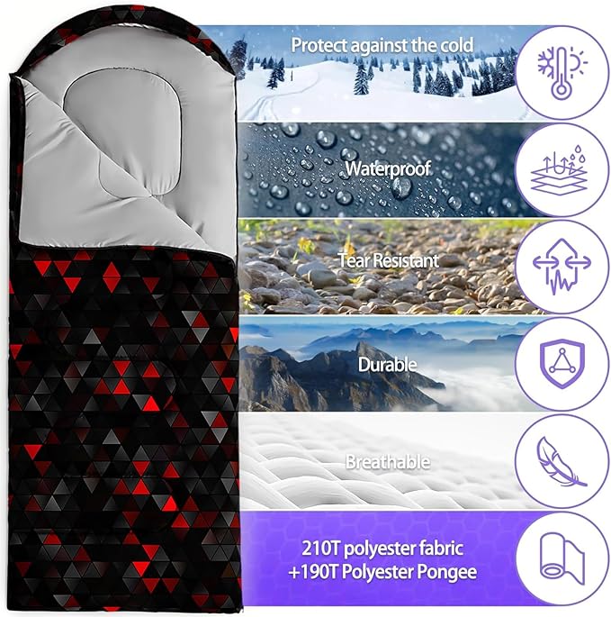 Sleeping Bags for Adults and Kids3D Printing Camping Sleeping Bag for Girls Boys Lightweight Waterproof Cold/Warm 3-SeasonOutdoor Travel with Compression Bags