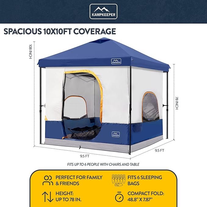 KAMPKEEPER 6 Person Camping Tent 10x10 Pop Up Canopy Tent with Camping Inner Tent Converts 10'x10' Straight Leg Canopy into Camping Tent–Fully Vented Roof(Canopy &amp Frame Included)