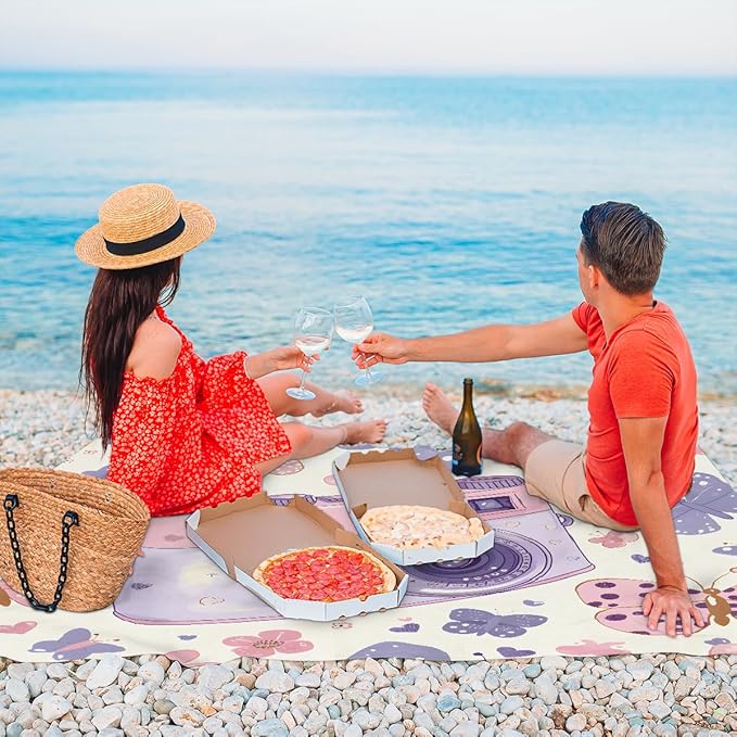 Waterproof Sandproof Beach Blanket 59''×68'' Camera Polyester Outdoor Picnic Blanket with 4 Stakes &amp Storage Bag for BeachCampingVacation Butterflies