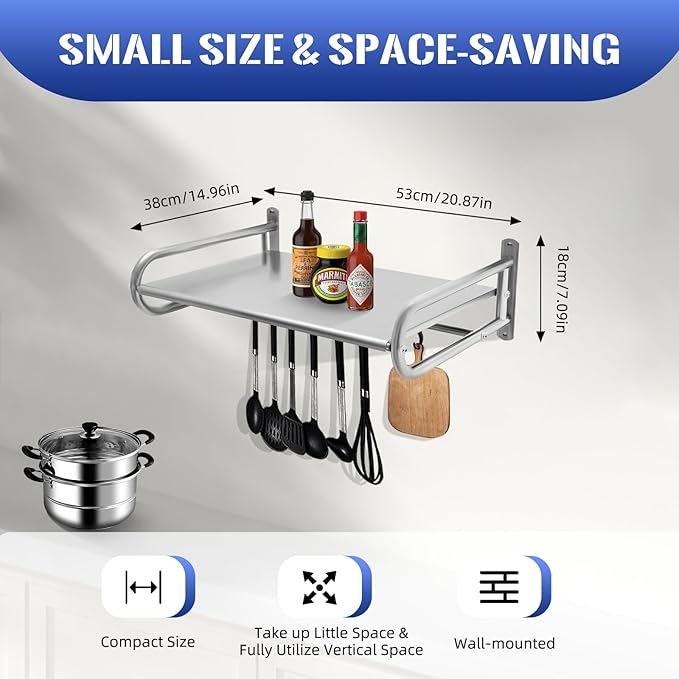 Microwave Oven Shelf Wall Mount Stainless Steel Over The Stove Bracket Holder with 6 Hooks Microondas Rack for Dorm Apartment Kitchen Bedroom W20.8 X D14.9 X L7.1in