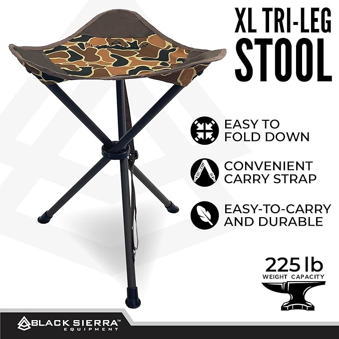 Black Sierra Folding Hunting Stool w/Shoulder Strap Supports 225 lbs Lightweight Collapsible Tripod Seat Foldable Steel Frame Chair Perfect for the Hunting Blind