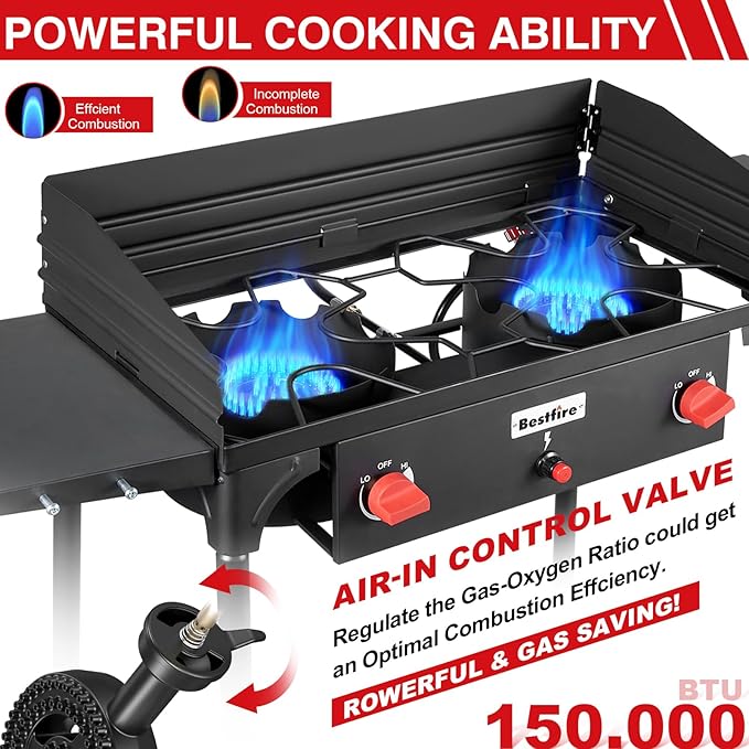 Bestfire 2 Burner Camping Stove with Windscreen&amp Side Shelves Bag Auto Ignition ButtonRegulator150000 BTU High Pressure Camping Stove Propane Burner With Removable Legs for Outdoor BBQ&ampBa