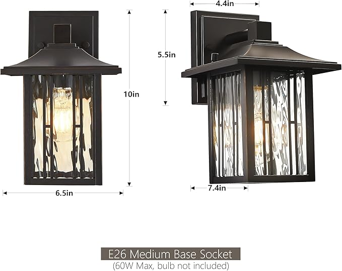 Outdoor Wall Lights Exterior Front Porch Lights Wall Sconce Wall Mount Waterproof Wall Lantern with Water Ripple Glass Oil Rubbed Bronze Light Fixtures for House Garage Patio 2-Pack