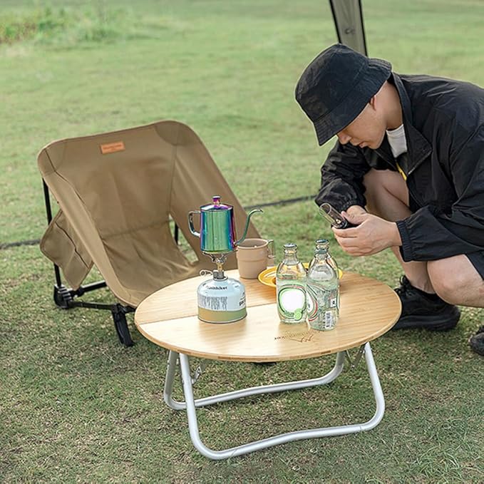 Topyond Camp Table Portable Aluminum Alloy Folding Round Table Lightweight Bamboo Top Camping Table Aluminum Folding Tab for Camping Picnic Self Driving Travel