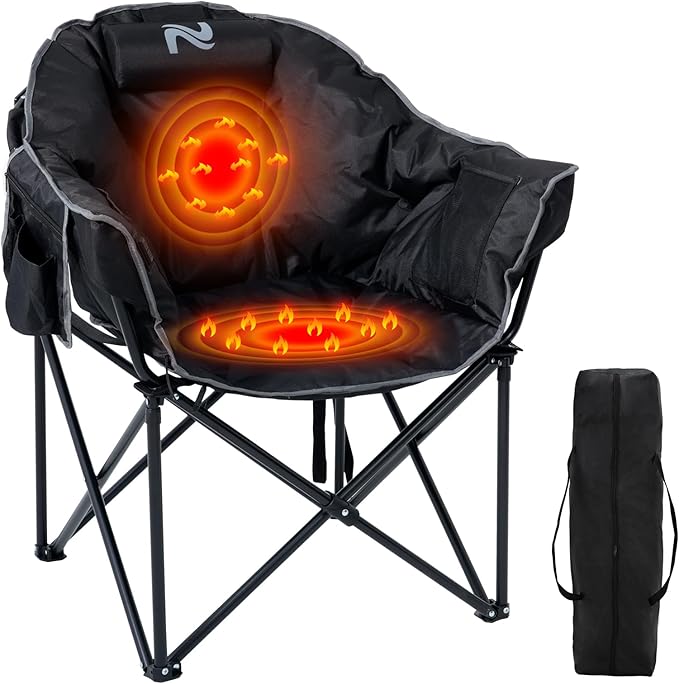 Oversized Heated Camping Chair 3 Heating Levels Soft Padded Camp Lawn Chair with Pillow and Storage Bag Portable Heated Folding Chairs Outdoor Sports for Patio and Picnics Black