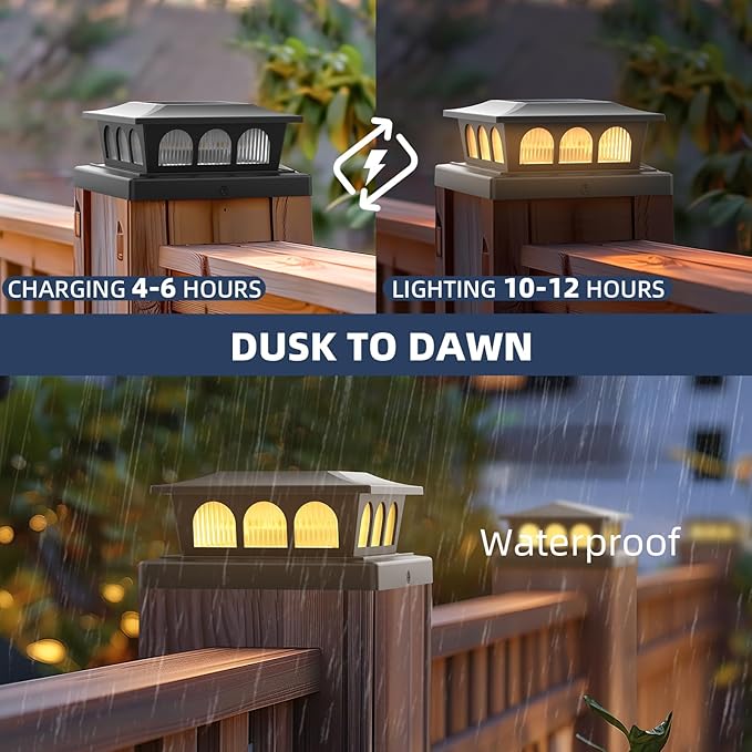 12 Pack Solar Post Cap Lights Warm White &amp Cool White Auto On/Off Waterproof Fence Post Solar Lights for 4x4 5x5 6x6 Wood/Vinyl Posts Fence Deck Patio Garden Decor (Black)