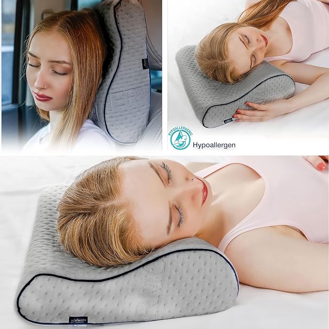 alkamto Travel &amp Camping Comfortable Memory Foam Pillow – Easy to Carry Portable Bag – Temperature Regulating Pillow Case (Grey Contour)