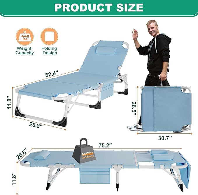 LILYPELLE Portable Folding Camping Cot Adjustable 5-Position Face Down Folding Chaise Lounge Chairs Outdoor Portable Bed Sleeping Cot for Camping Pool Beach Patio