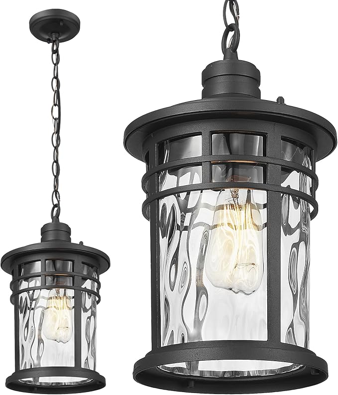 Darkaway Large Outdoor Pendant Lights for Porch 15inch Outdoor Chandelier Hanging Porch Lights Outside Ceiling Mount Aluminum with Water Ripple Glass for Front Porch Gazebo Patio