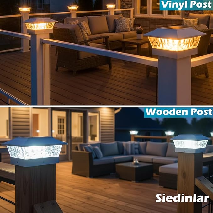 SIEDiNLAR Solar Post Lights Outdoor 12 LEDs 4 Modes Post Cap Light for 4x4 5x5 6x6 Vinyl Wooden Deck Fence Posts Garden Patio Decor Warm/Cool White Dynamic Lighting (6 Pack White)