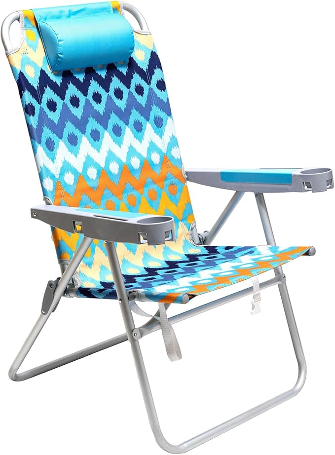 SUNNYFEEL Extra Wide 28 Folding Beach Chair 5 Position Lay Flat Portable 17 Tall Camping Chair with Cup Holder for Outdoor/Lawn/Trip/Picnic Lightweight Foldable Sand Chairs for Adults (Wave)