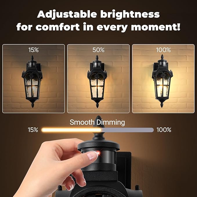 Black Outdoor Patio Lights with GFCI Outlet 2-Pack Upgraded Motion Sensor Outside Lighting with Water Ripple Glass Dawn to Dusk Outdoor Light Fixture for House Garage Garden Waterproof