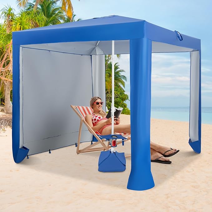 Tangkula 6.6x6.6 Ft Beach Cabana Portable Beach Canopy with Detachable Sidewall 5 Sandbags 2 Cup Holders Sand Anchor UPF 50+ Sun-Protection Outdoor Beach Umbrella Shelter with Carrying Bag