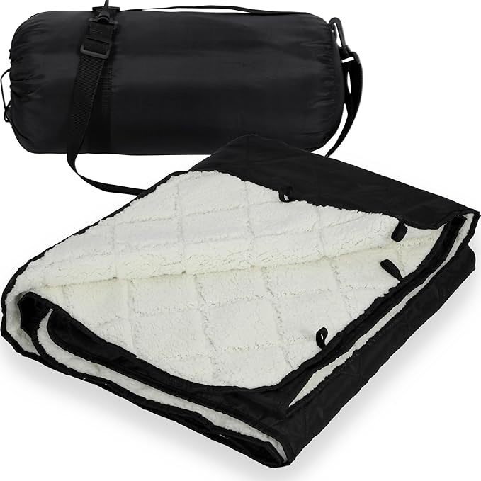 REDCAMP 59x79 Large Warm Camping Blanket Waterproof Windproof with Fleece Lining Outdoor Blanket for Cold Weather Stadium Picnic Travel Machine Washable Black &amp White
