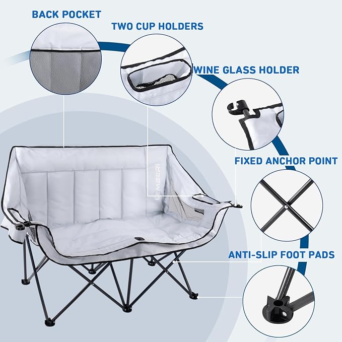 PUKAMI Oversized Double Camping Chair Folding Loveseat Camping Chair for Adults 2 Person Camping Couch Heavy Duty Camping Chairs Portable Outdoor Lawn Chairs with Cup Holder