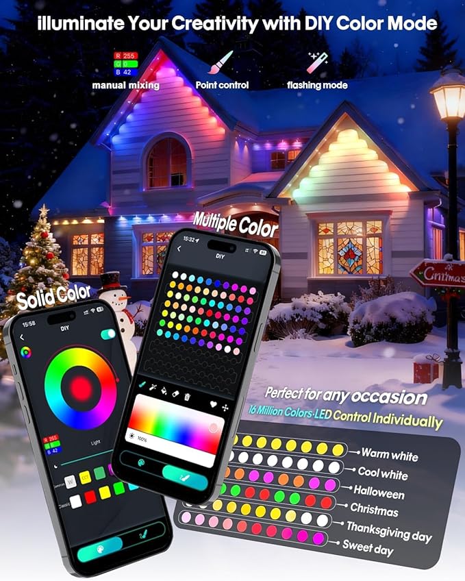 Permanent Outdoor Lights150ft RGB+IC Smart Outside Lights with 90 LED APP Control Dimmable50 Scene Modes for Outdoor Decor IP68 Waterproof Eaves Lighting for Daily Holiday Christmas Decorations