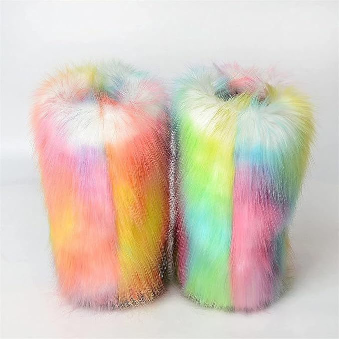 Womens Furry Faux Fur Booties Winter Warm Snow Ankle Boots Fuzzy Fluffy Furry Mid Calf Boots Outdoor Comfy Flat Shoes