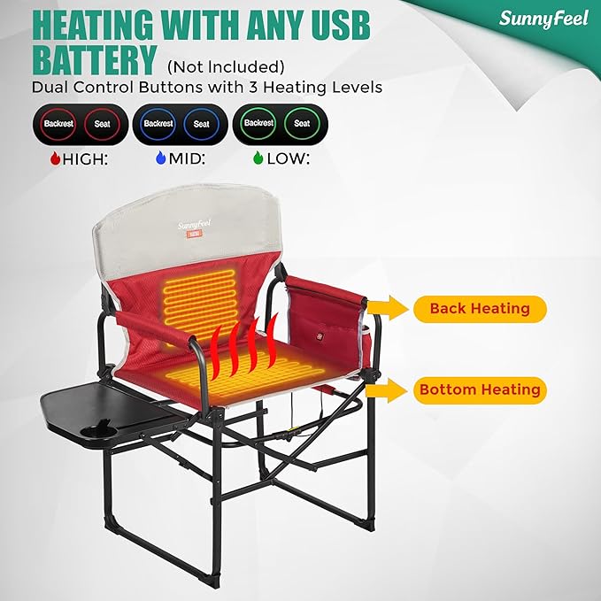 SUNNYFEEL Heated Camping Directors Chair Heavy DutyOversized Portable Folding Chair with Side Table Pocket for Beach FishingTripPicnicLawnConcert Outdoor Foldable Camp Chairs